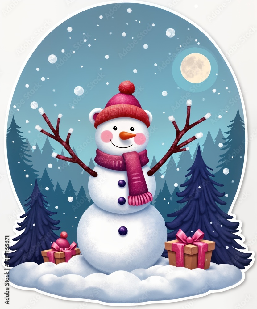 Smiling snowman wears knitted hat scarf. Winter scene shows snow falling presents. Night forest background full moon. Cute character for Xmas card sticker. Smiling snowman wears knitted hat scarf. Winter scene shows snow falling presents. Night forest background full moon. Cute character for Xmas card sticker.