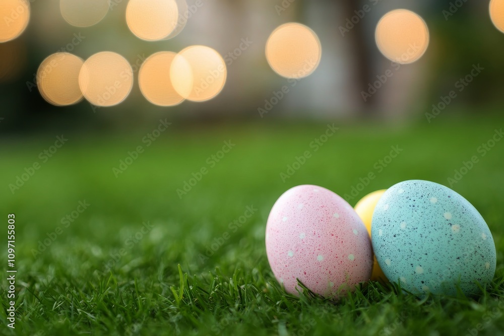 Colorful pastel eggs resting on green grass during a spring celebration Colorful pastel eggs resting on green grass during a spring celebration