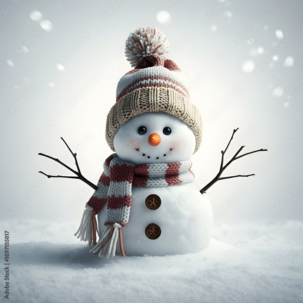 Obraz premium A hyper-realistic, 4K image of a snowman wearing a red hat and scarf, standing in a snowy landscape. The snowman has a carrot nose, coal eyes, and stick arms. The background is a solid pure white colo