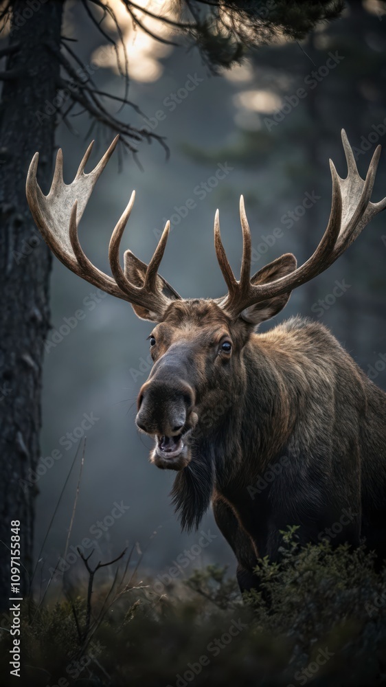 Majestic Moose Bull Roaring in the Wilderness at Dawn Near Dense Forest. Generative AI Majestic Moose Bull Roaring in the Wilderness at Dawn Near Dense Forest. Generative AI