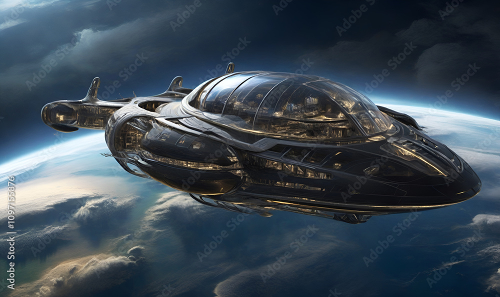 A futuristic starship on the background of a detailed planet A futuristic starship on the background of a detailed planet