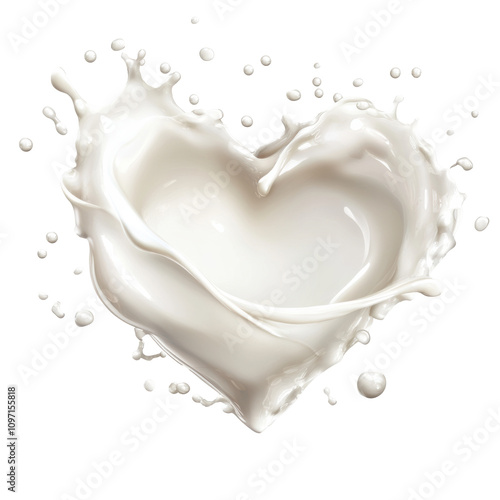 Heart shape created by splashing milk with droplets around it photo