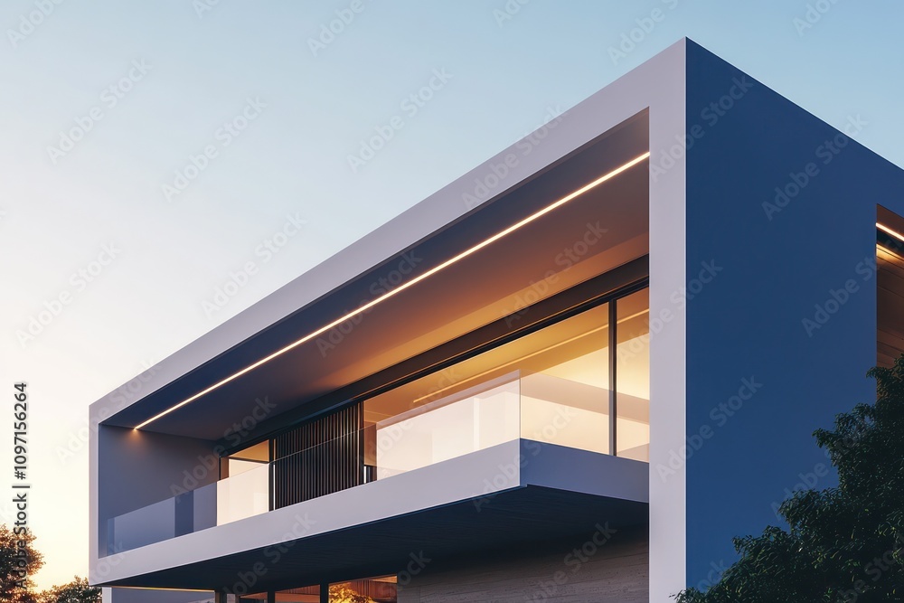 Sleek modern house facade with an open, airy design and minimalist detailing, under a clear twilight sky. Sleek modern house facade with an open, airy design and minimalist detailing, under a clear twilight sky.