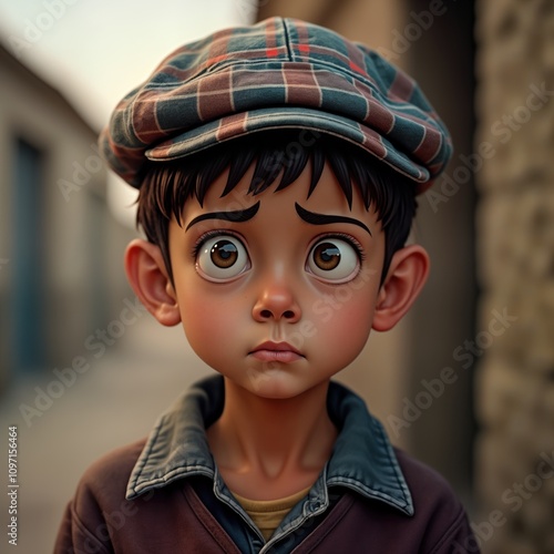 African American boy wears newsboy cap. Child model poses outside. Trendy cool schoolboy smiles. Happy kid face. Fashionable portrait. Diversity photo.