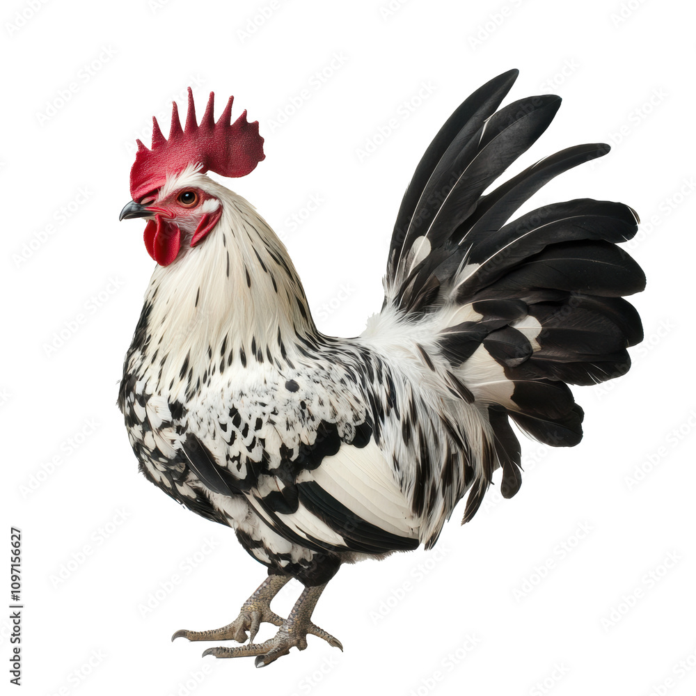 Striking black and white rooster with vibrant red comb stands proud Striking black and white rooster with vibrant red comb stands proud