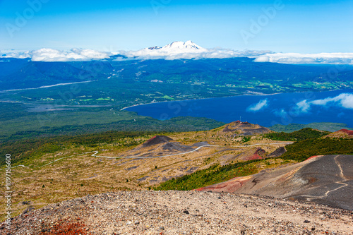 Volcano Osorno, Chile - December 6, 2019:  Striking views of stratovolcano Osorno in the Southern Chile. Osorno is considered a symbol of the local landscape  photo