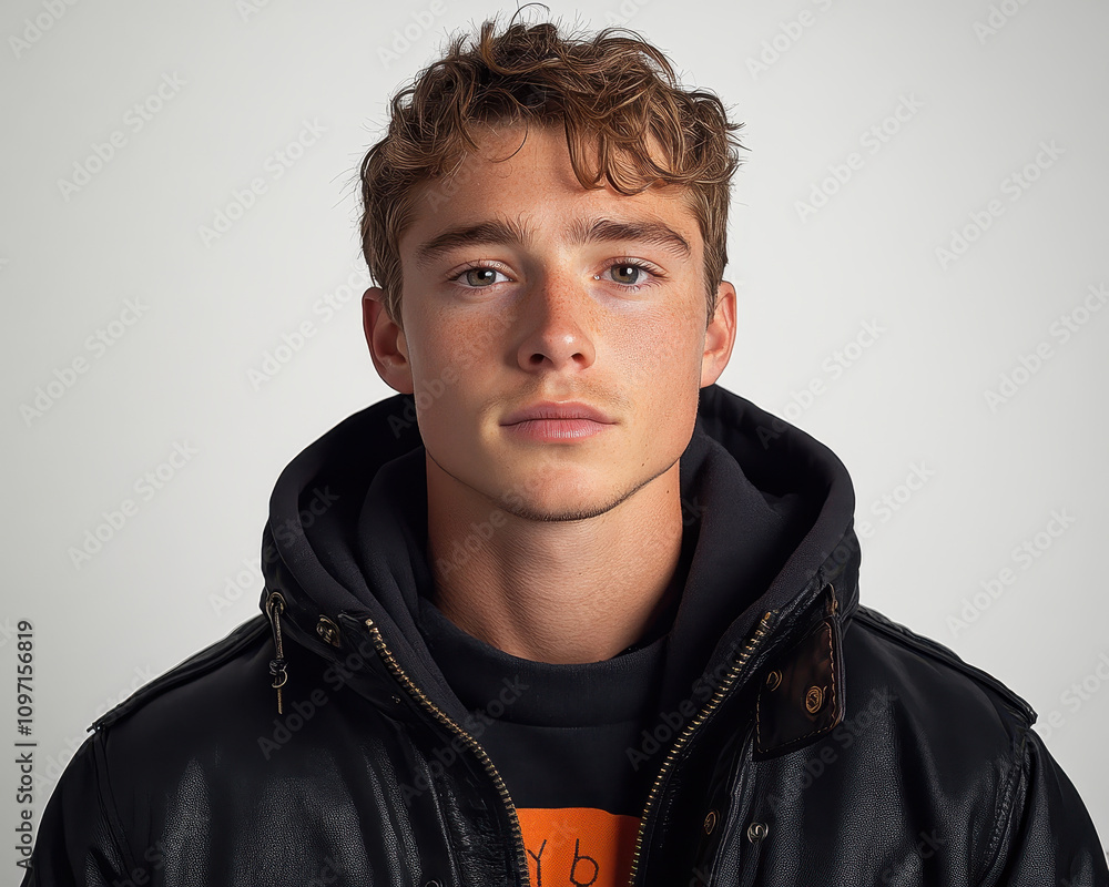 Casual Young Man in Black Leather Jacket and Hoodie Against Neutral Background Casual Young Man in Black Leather Jacket and Hoodie Against Neutral Background