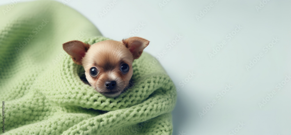 Tiny chihuahua puppy nestled in a soft green knit blanket, evoking coziness and innocence under natural diffused light, perfect for pet or lifestyle imagery... Tiny chihuahua puppy nestled in a soft green knit blanket, evoking coziness and innocence under natural diffused light, perfect for pet or lifestyle imagery...