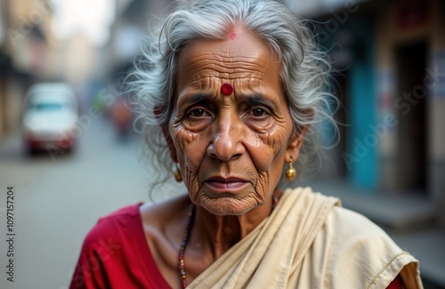 Elderly Indian woman serious face street portrait. Grey hair senior citizen city India. Ageing woman sad expression. 70s 80s female lifestyle. India culture photo.