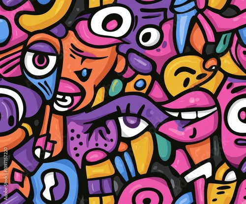 Colorful abstract art showcasing whimsical faces and shapes