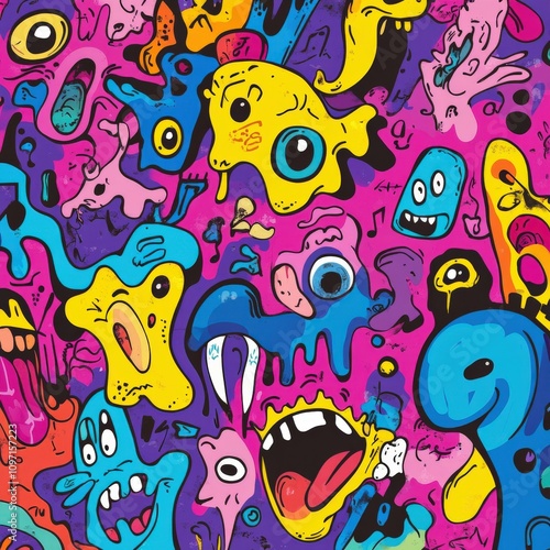 Colorful abstract art filled with playful characters and faces