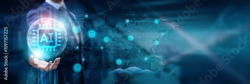 Hand touching a global network of AI, technology, and futuristic connections—bridging innovation, intelligence, and limitless possibilities through Artificial Intelligence.