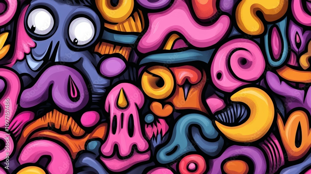 Fototapeta premium Vibrant abstract artwork featuring colorful shapes and playful characters