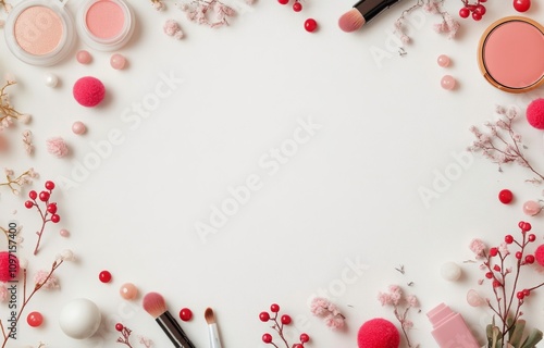 Beautiful arrangement of pink cosmetics and flowers on a clean background