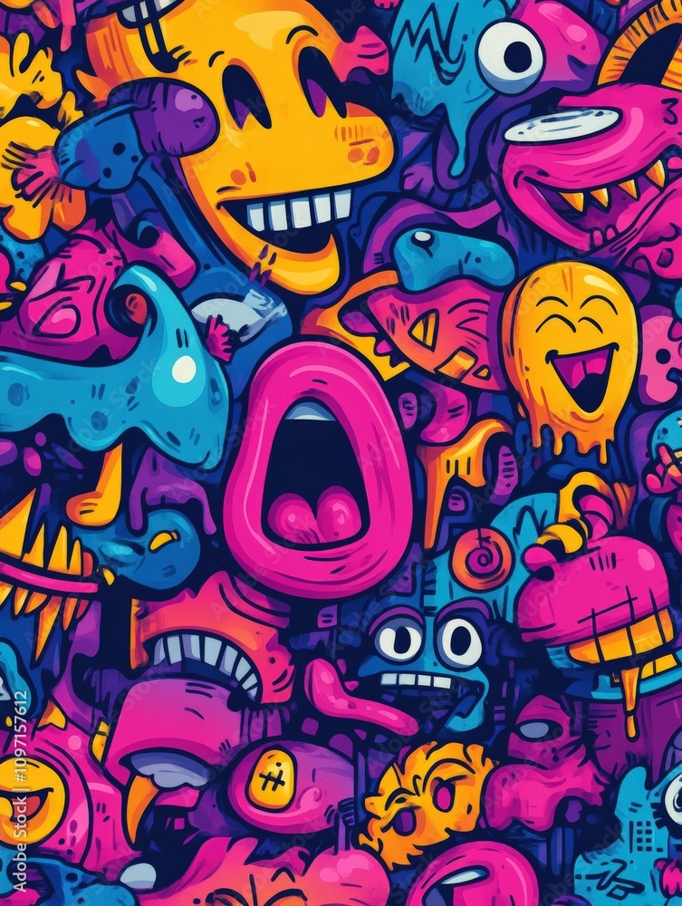 Fototapeta premium Vibrant abstract illustration of colorful cartoon characters and faces