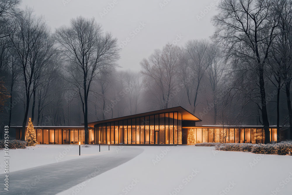 Modern Glass Building in Winter Landscape with Warm Lighting and Snow-Covered Surroundings Modern Glass Building in Winter Landscape with Warm Lighting and Snow-Covered Surroundings