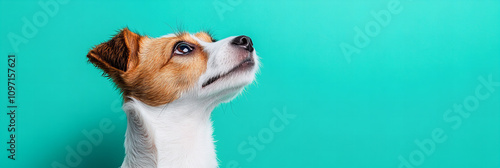 Adorable small dog portrait with vibrant green background showcasing playful expression, perfect for pet care, animal lovers, and creative design projects photo