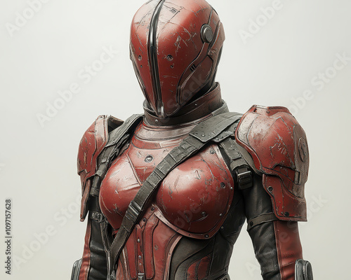 Futuristic Sci-Fi Soldier in Worn Red Armor Suit with Helmet and Tactical Gear photo