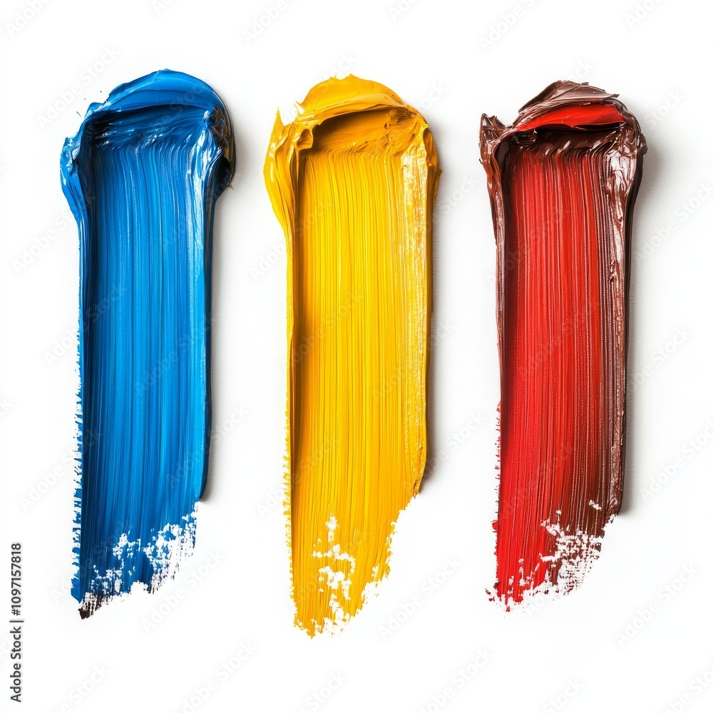 Fototapeta premium Bright blue, yellow, and red oil paint strokes on white background