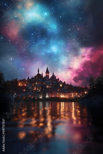 Fantasy Castle with Aurora Lights Overhead