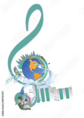 Abstract musical design with a treble clef and Planet Earth, colorful splashes, notes and waves.  Planet music. Hand drawn vector illustration.