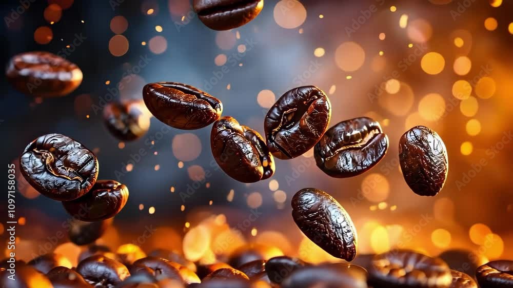 Coffee beans are floating above a bed of ground coffee, with a warm, glowing background of blurred lights. Coffee beans are floating above a bed of ground coffee, with a warm, glowing background of blurred lights.