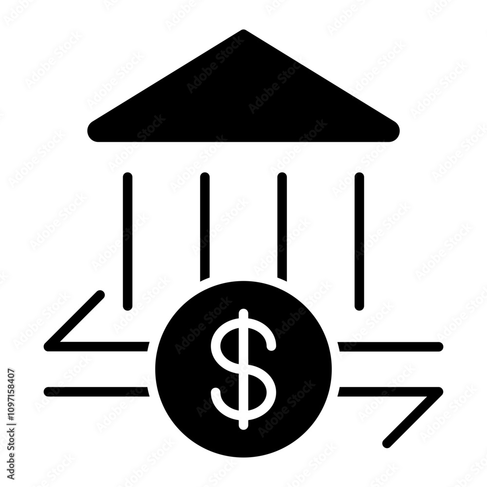 Account Transfer Icon with Bank Building and Arrows with dollar sign
