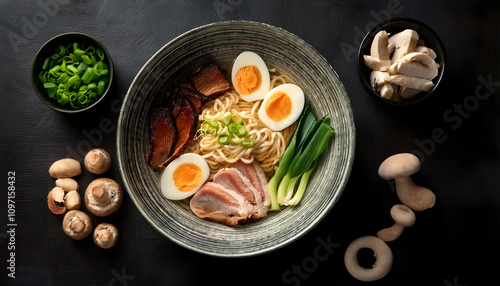 Wallpaper Mural A beautifully arranged bowl of ramen featuring sliced pork, soft-boiled eggs, fresh vegetables, presented on a dark slate background with chopsticks and mushrooms adding to the authentic atmosphere. Torontodigital.ca