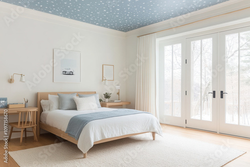 Cozy and modern bedroom with soft blue and white decor, minimalist design, large windows and star-themed ceiling