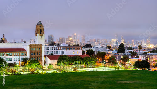 San Francisco Cityscape and Mission High School at Sunset, Viewed from Dolores Park, California, United States