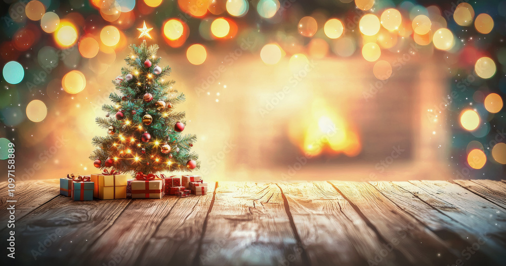 Colorido y brillante fondo navideño con madera en primer plano con espacio vacio a modo de expositor, miniarbol de navidad, cajas de regalos y fondo desenfocado con bokeh y chimenea encendida Colorido y brillante fondo navideño con madera en primer plano con espacio vacio a modo de expositor, miniarbol de navidad, cajas de regalos y fondo desenfocado con bokeh y chimenea encendida