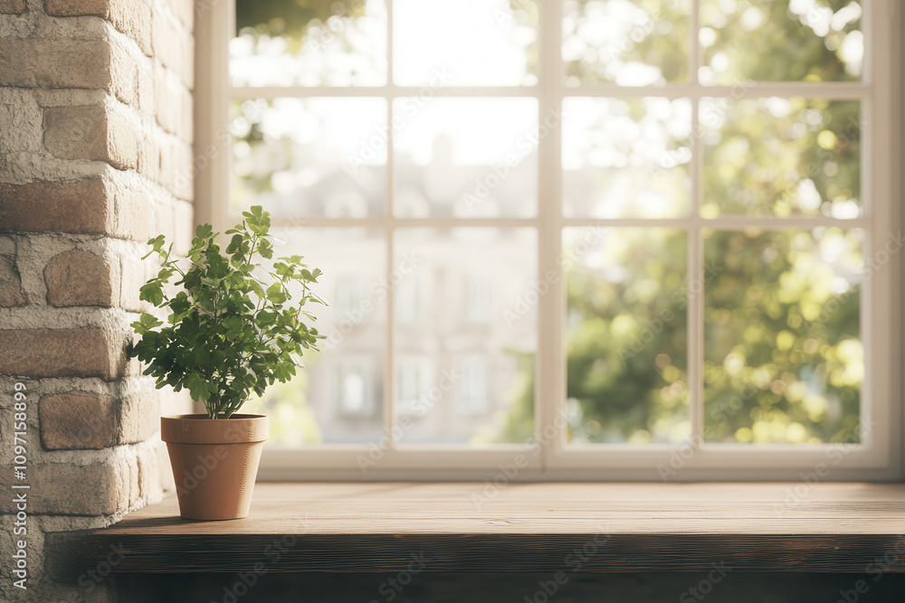 Potted plant on rustic wooden table by large window with natural light, cozy and fresh home decor with brick wall detail Potted plant on rustic wooden table by large window with natural light, cozy and fresh home decor with brick wall detail