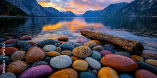Fototapeta Naklejka Na Ścianę i Meble -  Colorful pebbles along a tranquil lake at sunset in the mountains
