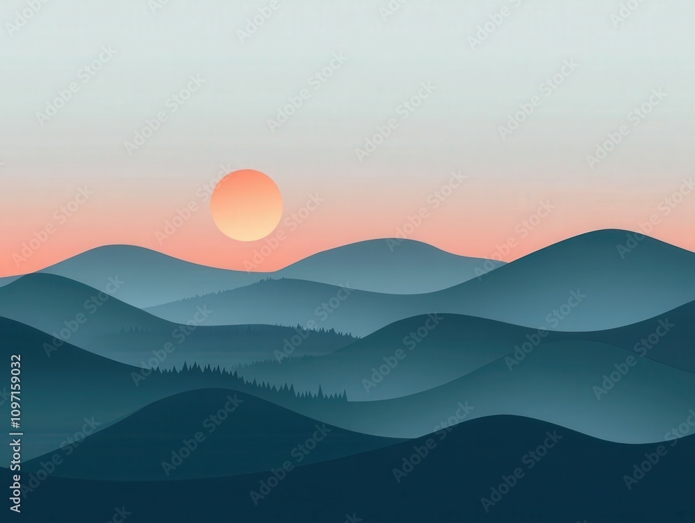 Sunset over rolling hills with layered mountains in the distance Sunset over rolling hills with layered mountains in the distance