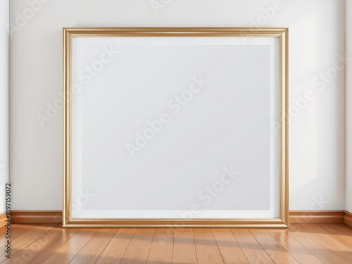 A frame mockup on a polished wooden floor with natural lighting, mockup, artwork, empty