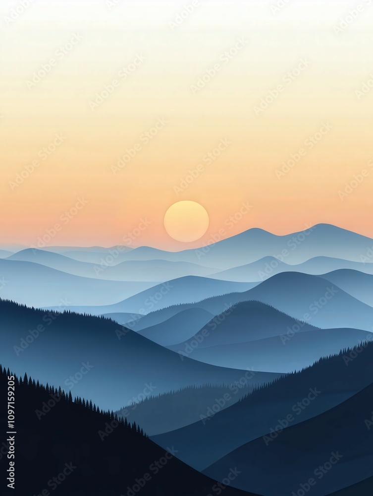 Sunrise over rolling mountains with mist in the valley Sunrise over rolling mountains with mist in the valley