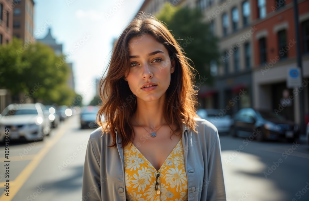 Fototapeta premium Young Indian woman street city. Unhappy girl serious face urban background. Regular woman 30s sad. Daily life portrait. Casual wear floral dress. Female model unhappy mood.
