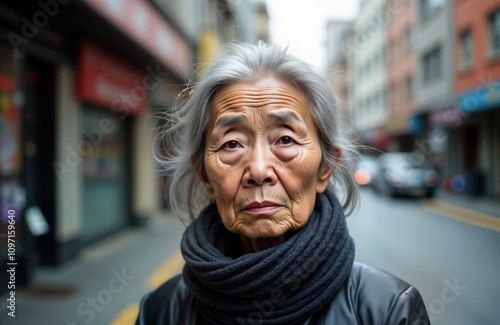 Elderly Asian woman serious face street portrait. Grey haired senior woman city background. Old age wrinkles face close up. 70s 80s Japanese Chinese Korean woman. Ageing people lifestyle image.