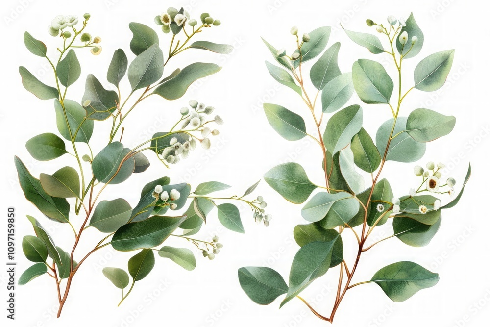 Eucalyptus branches with green leaves and buds in a botanical watercolor style. Detailed botanical illustration for design and print. Ayurveda, ayurvedic herbs, Generative AI Eucalyptus branches with green leaves and buds in a botanical watercolor style. Detailed botanical illustration for design and print. Ayurveda, ayurvedic herbs, Generative AI