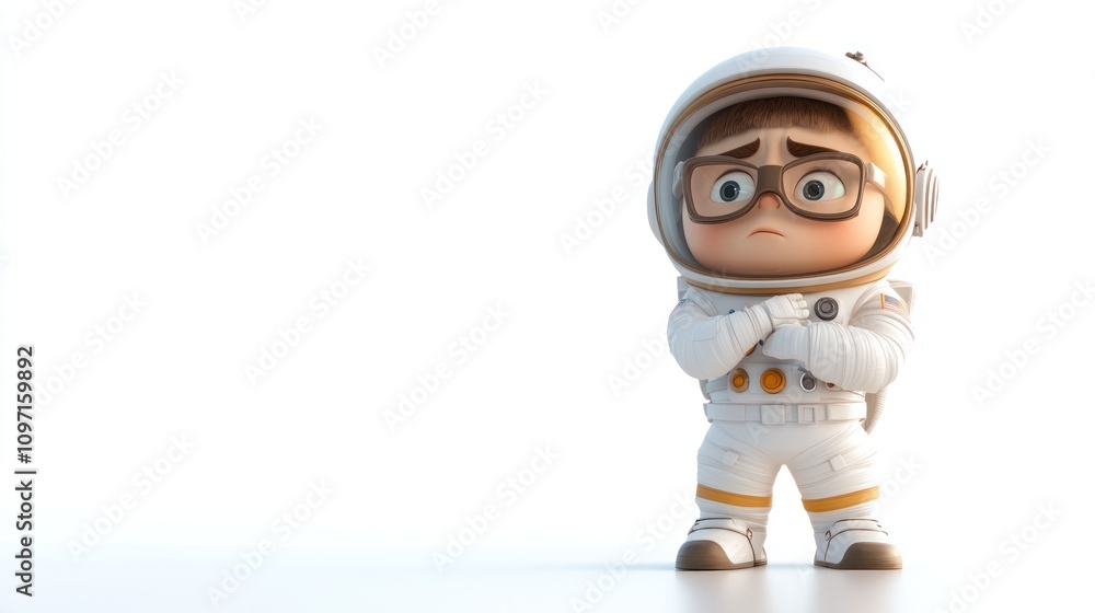 A cute cartoon character in a space suit looks worried, conveying a sense of adventure and curiosity. A cute cartoon character in a space suit looks worried, conveying a sense of adventure and curiosity.