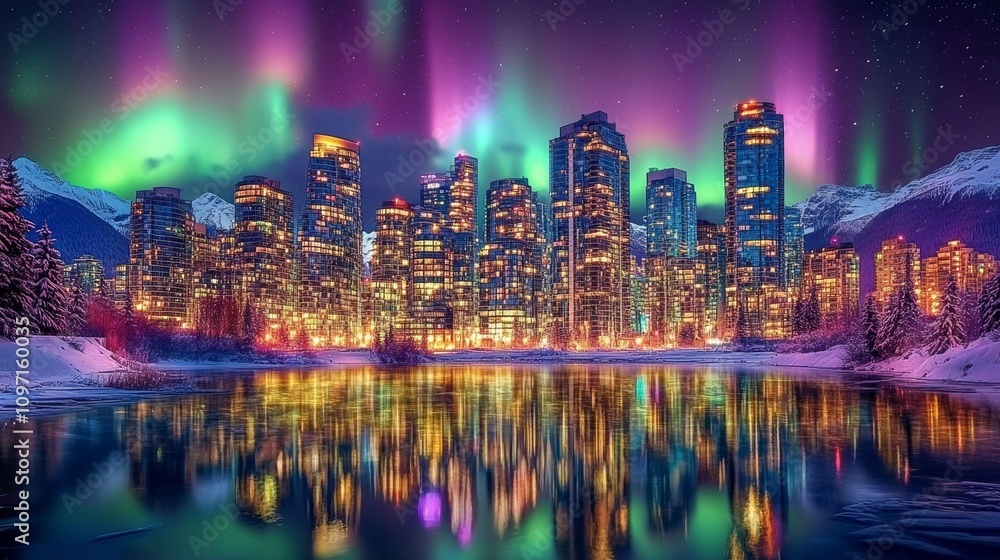 Obraz premium Aurora Borealis illuminates a winter city skyline reflected in a frozen lake.