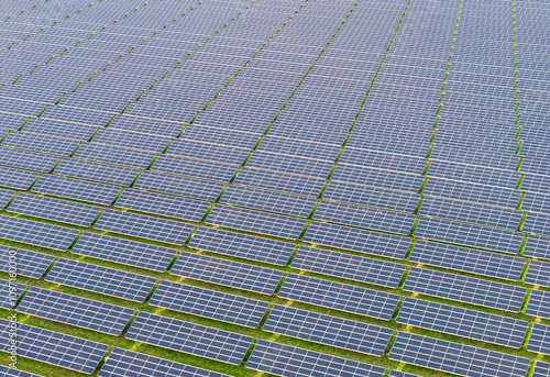 Expansive solar panel field harnessing renewable energy in bright daylight photo