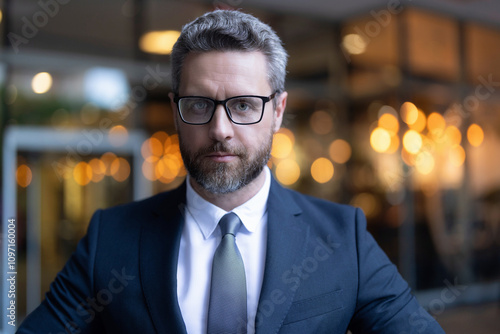 Business vision and success. Vision of success. Successful leader businessman in suit. Business man look in glasses. Man has vision to success. Businessman represent leadership. Portrait of leader