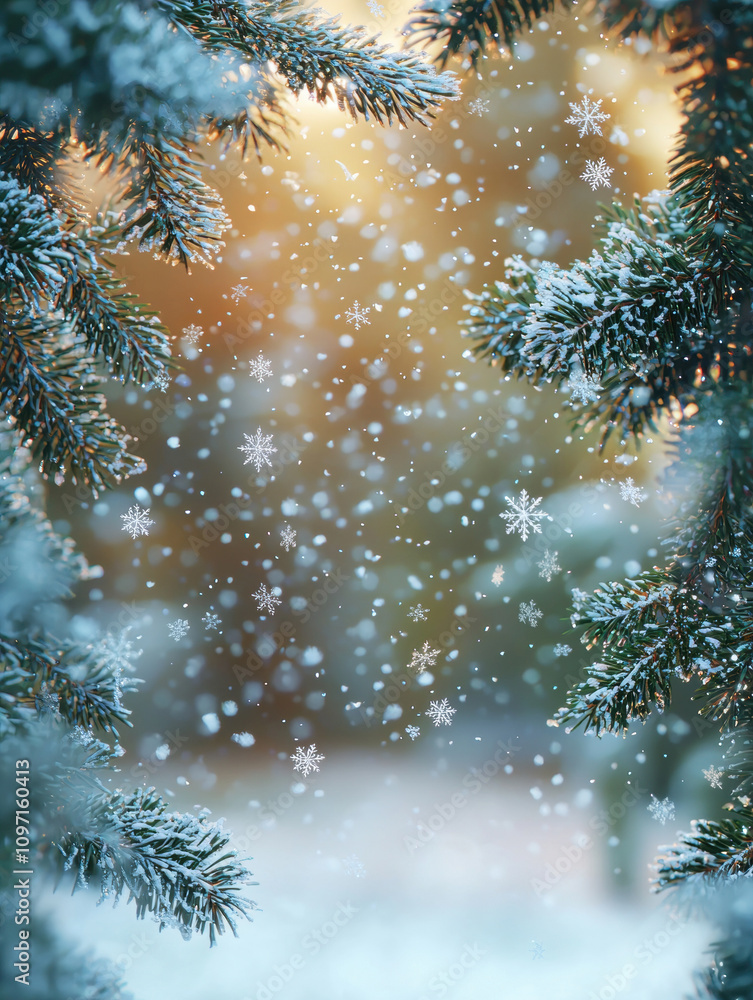 Snowflakes falling delicately amidst evergreen branches, creating a tranquil winter scene with golden light. Snowflakes falling delicately amidst evergreen branches, creating a tranquil winter scene with golden light.