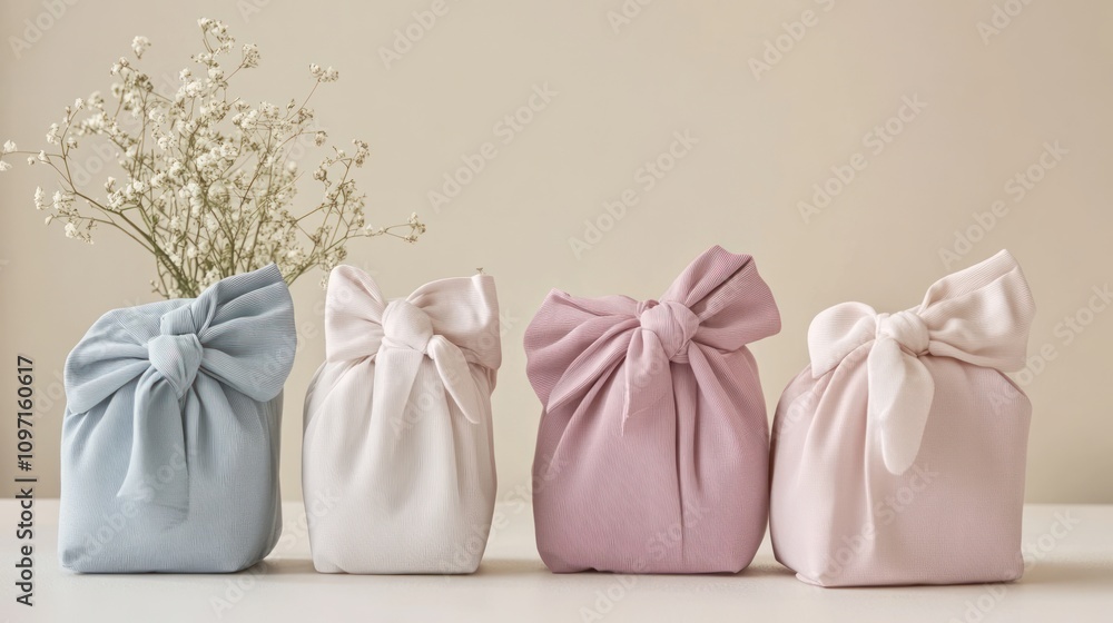 Four Fabric Gift Bags With Bows Arranged In A Row Four Fabric Gift Bags With Bows Arranged In A Row