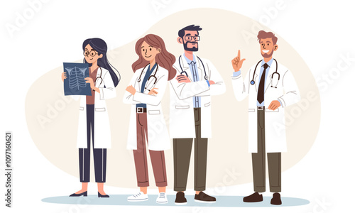 Flat vector illustration in a simple style. Kind doctors standing and smiling, a group of medics. Vector illustration