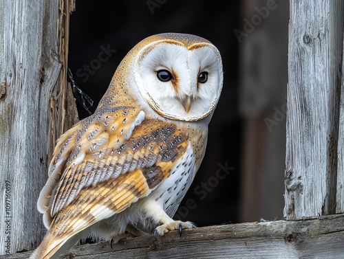 A barn owl perched on a rustic wooden window frame, showcasing its majestic plumage and serene gaze.