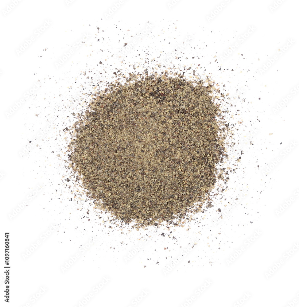 Minced black pepper, ground peppercorn pile isolated on white, top view Minced black pepper, ground peppercorn pile isolated on white, top view