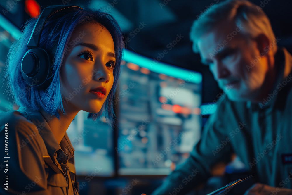 Young woman engaged in tech work alongside a senior colleague in a control room. Generative AI Young woman engaged in tech work alongside a senior colleague in a control room. Generative AI