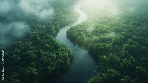 Aerial view of a serene river winding through lush green forests.